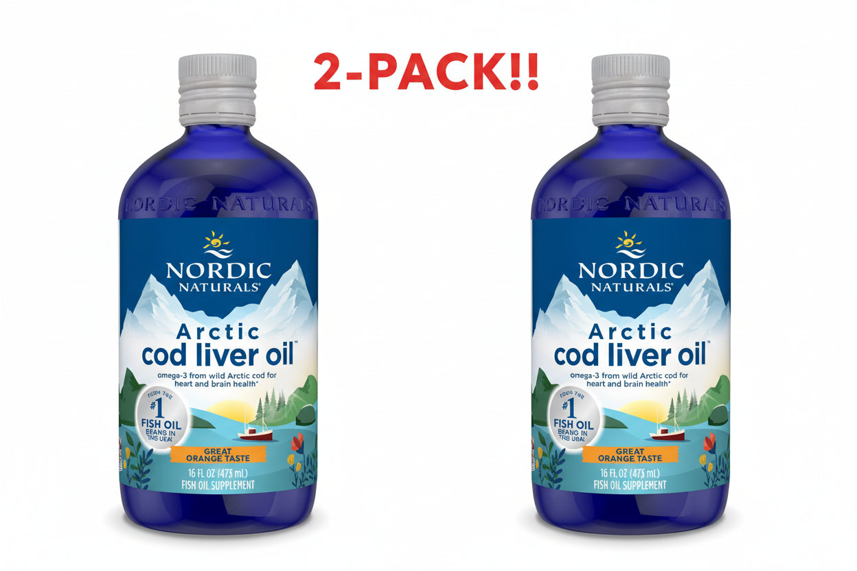 Two 16 oz blue glass bottles of Nordic Naturals Arctic Cod Liver Oil standing side-by-side to showcase the Double Pack bundle.