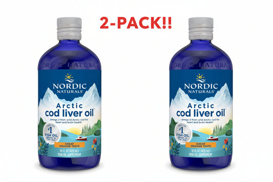 Two 16 oz blue glass bottles of Nordic Naturals Arctic Cod Liver Oil standing side-by-side to showcase the Double Pack bundle.