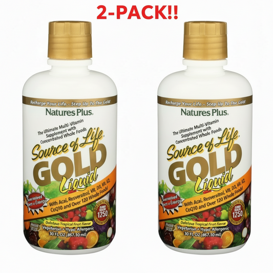 Two bottles of Nature's Plus Source of Life Gold Liquid Multivitamin, Tropical Fruit flavor, 30 fl oz each. 2-Pack bundle for continuous supply and bulk savings.