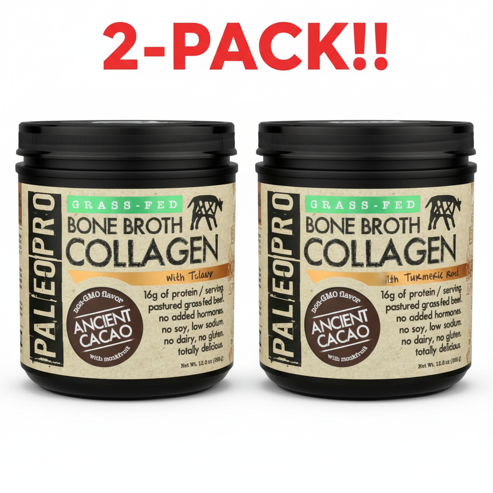 Two containers of Paleo Pro Bone Broth Collagen with Ancient Cacao flavor on a white background.