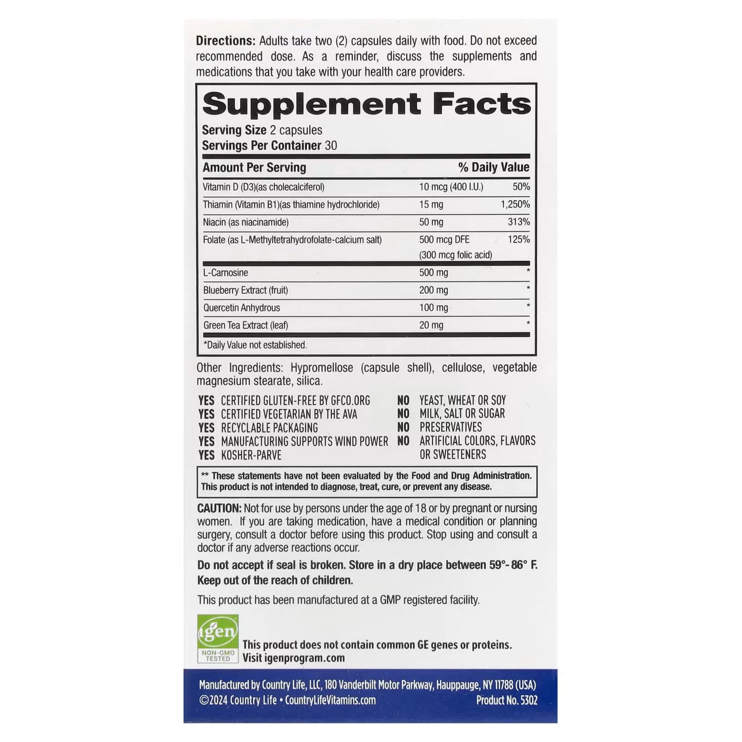 Supplement label with detailed nutritional information on a white background