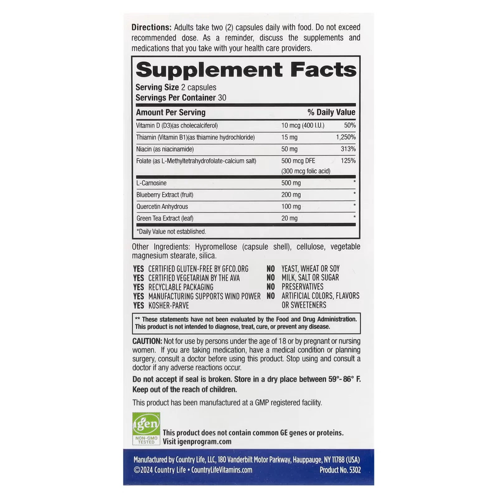 Supplement label with detailed nutritional information on a white background