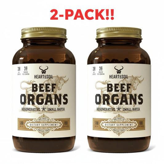 Two bottles of Heart & Soil Supplements Beef Organ (180 count each) displayed together, clearly highlighting the 2-pack bundle and the ancestral, whole-food focus.