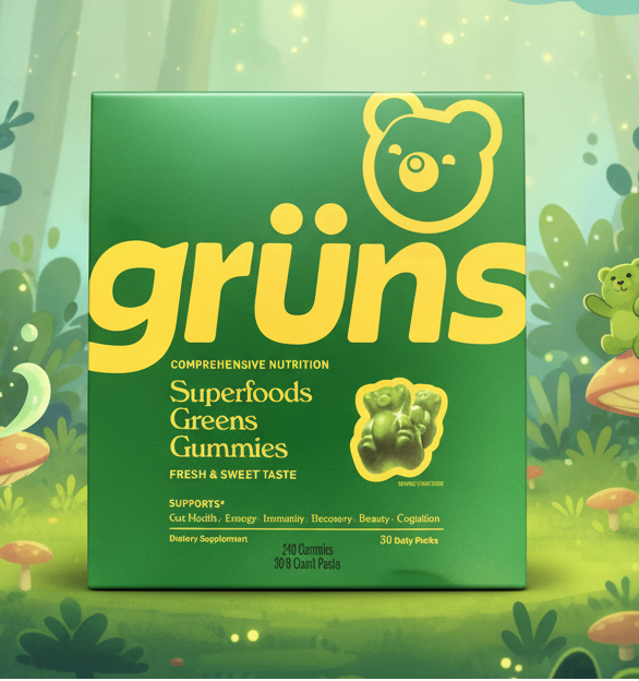 Green box of grüns Superfoods Greens Gummies with yellow text and bear logo.