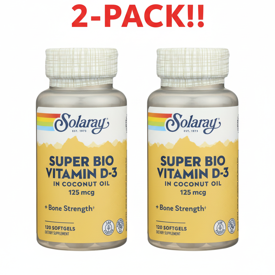 Solaray Super Bio Vitamin D-3 supplement bottle on a white background