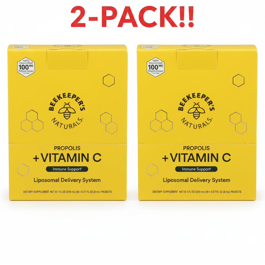 Yellow box of Beekeeper's Naturals Propolis + Vitamin C supplement on a white background