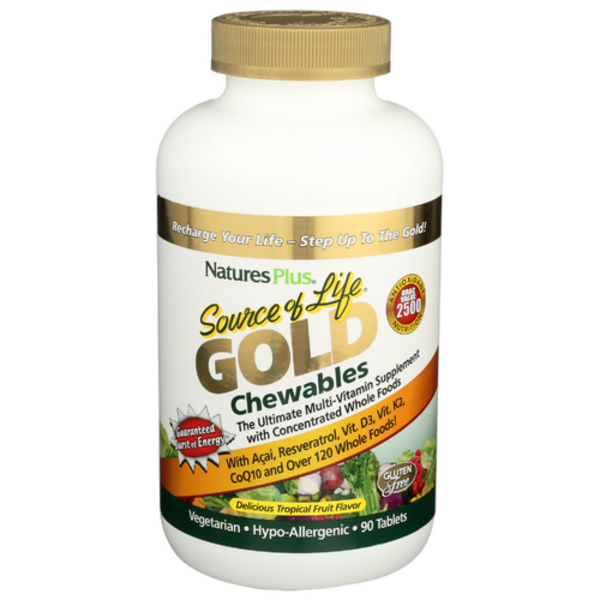 Natures Plus Source of Life Gold Chewables supplement bottle on a white background