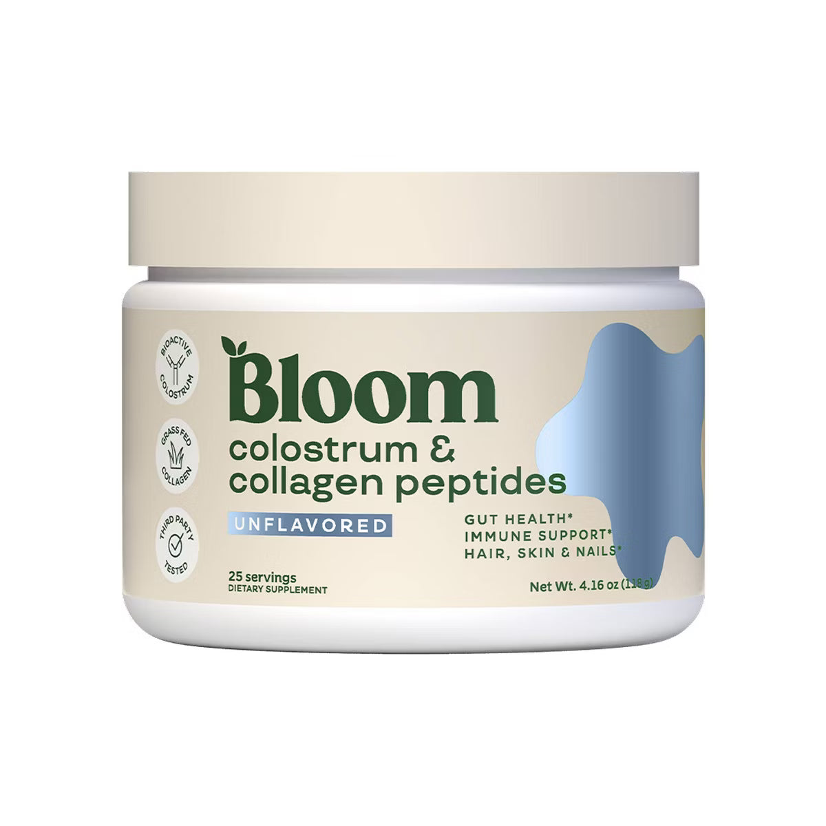 Jar of Bloom colostrum and collagen peptides on a white background