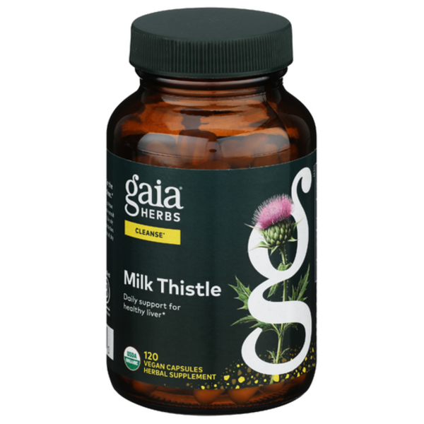 Gaia Herbs Milk Thistle supplement bottle on a white background