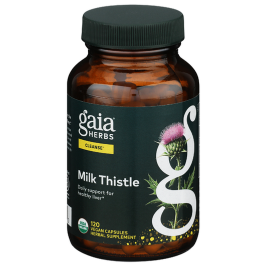 Gaia Herbs Milk Thistle supplement bottle on a white background
