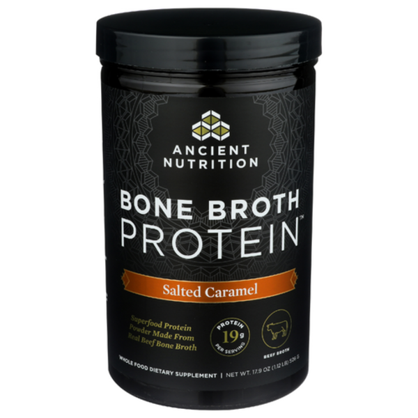 Black container of Ancient Nutrition Bone Broth Protein in Salted Caramel flavor on a white background