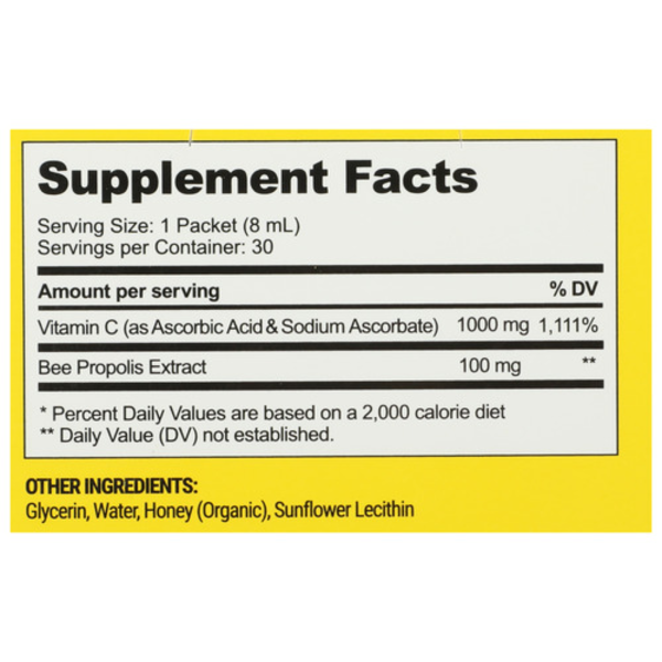 Supplement facts label with vitamin C and bee propolis extract on a white background