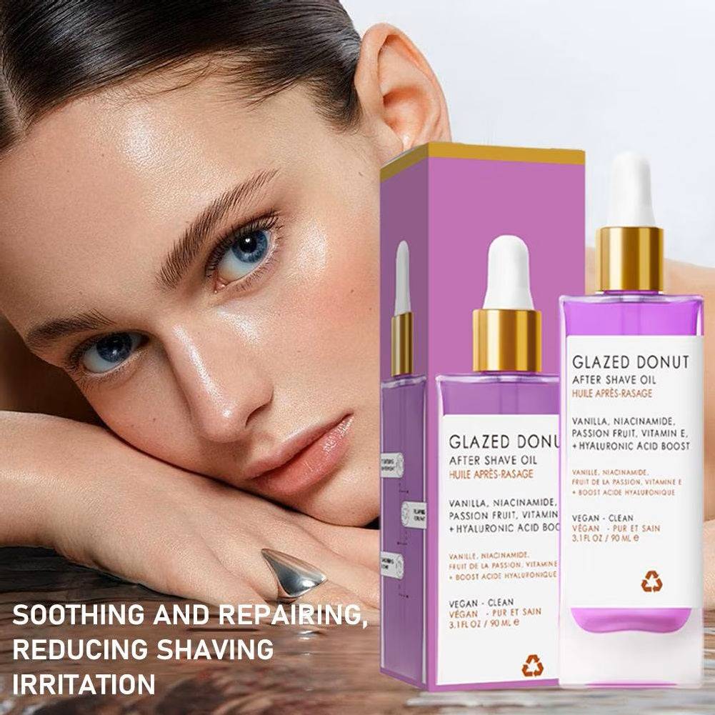 After Shave Oil product with packaging and a model's face on a white background