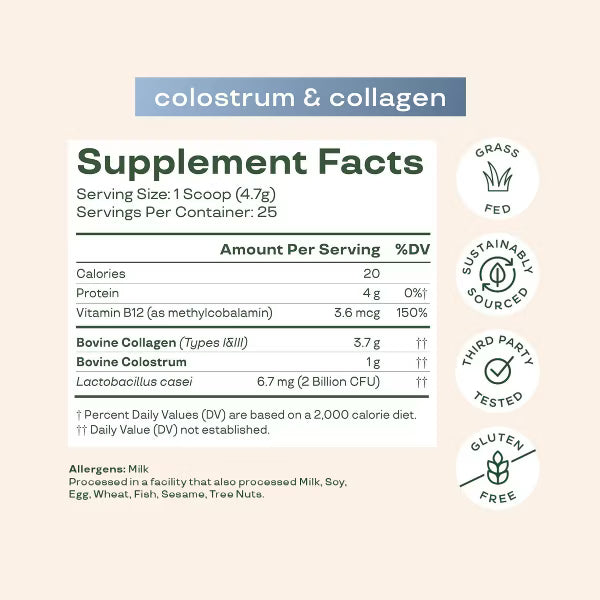 Supplement facts label for colostrum and collagen with icons indicating grass-fed, sustainably sourced, third-party tested, and gluten-free.