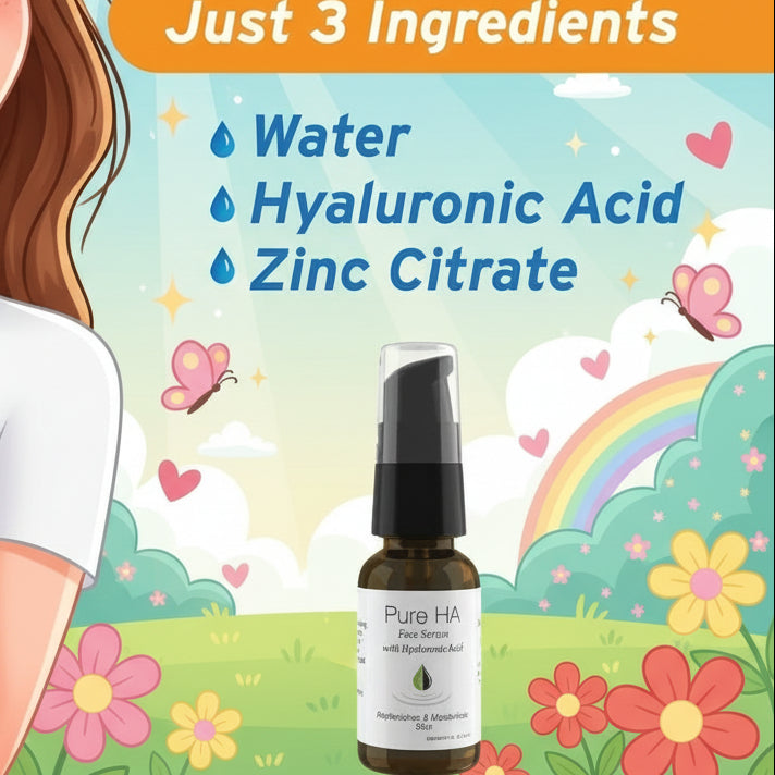 Woman touching her face with a bottle labeled 'Pure HA' on a white background