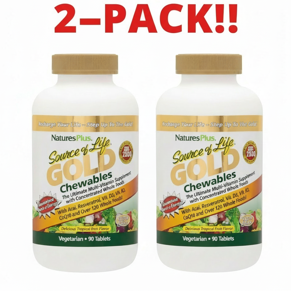 Two bottles of Nature's Plus Source of Life Gold Chewables (90 count each) displayed together, highlighting the 2-Pack value.