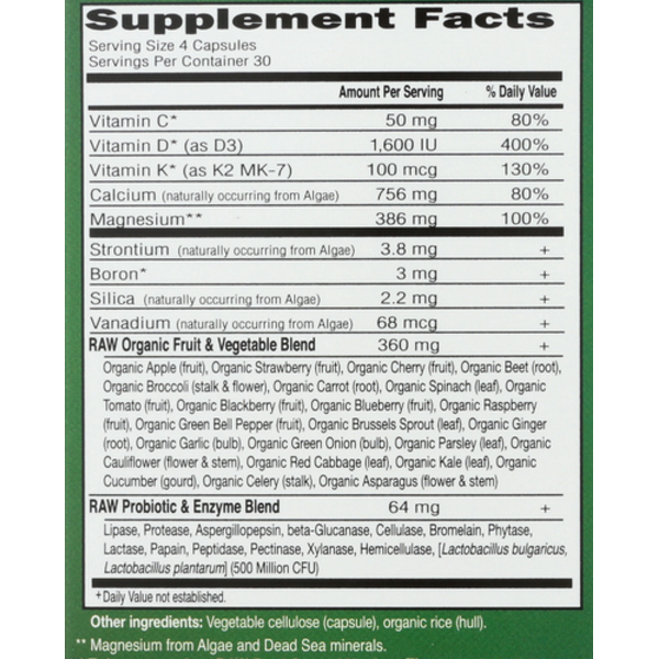 Supplement facts label with detailed nutritional information on a green background