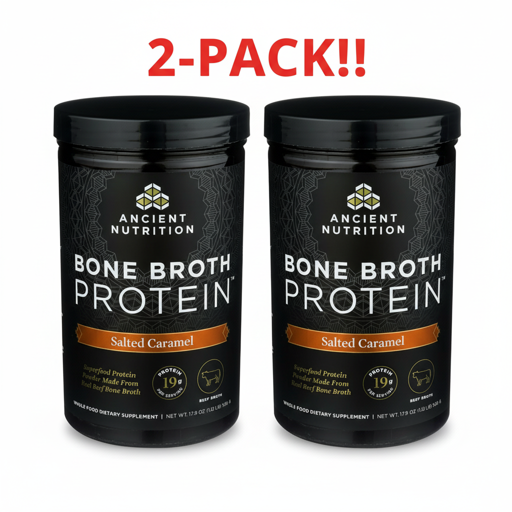 Ancient Nutrition Bone Broth Protein Salted Caramel 17.8 oz two-pack bundle Black container of Ancient Nutrition Bone Broth Protein in Salted Caramel flavor on a white background