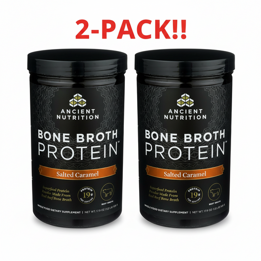 Ancient Nutrition Bone Broth Protein Salted Caramel 17.8 oz two-pack bundle Black container of Ancient Nutrition Bone Broth Protein in Salted Caramel flavor on a white background