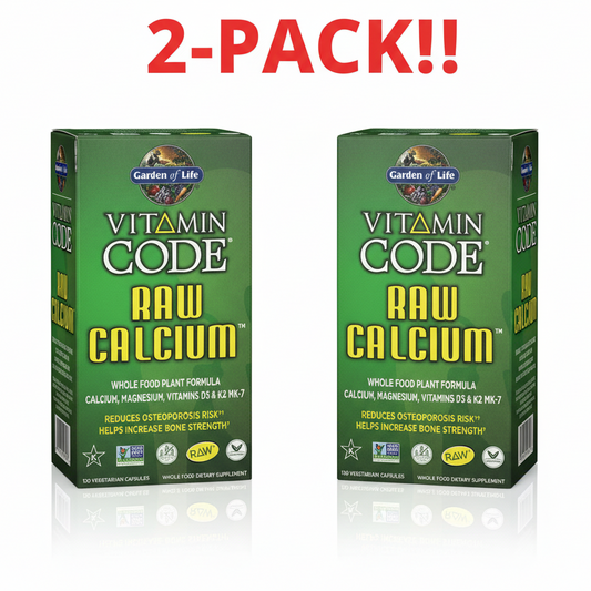 Two boxes of Garden of Life Vitamin Code Raw Calcium on a white background with '2-Pack!' text above.