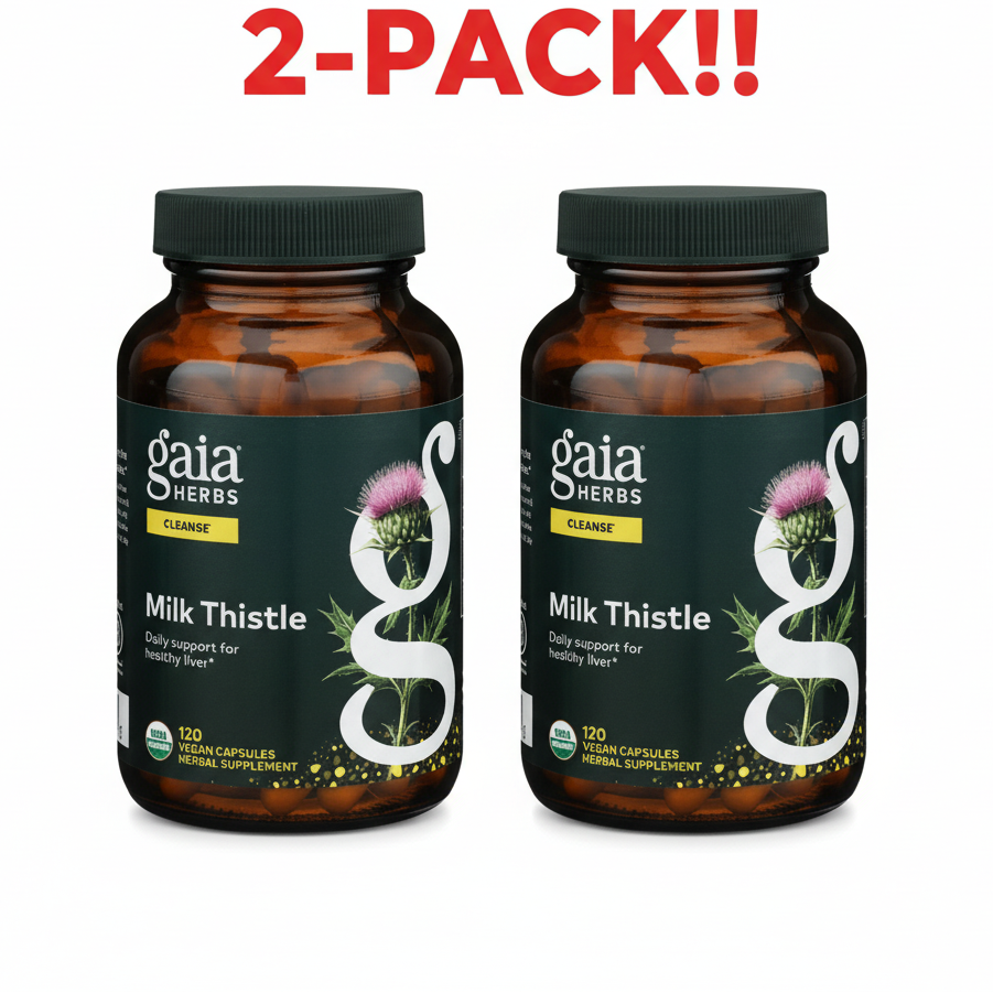 Two bottles of Gaia Herbs Milk Thistle Seed extract, 120 Liquid Phyto-Caps each, displayed as a 2-Pack Value Bundle (240 capsules total).