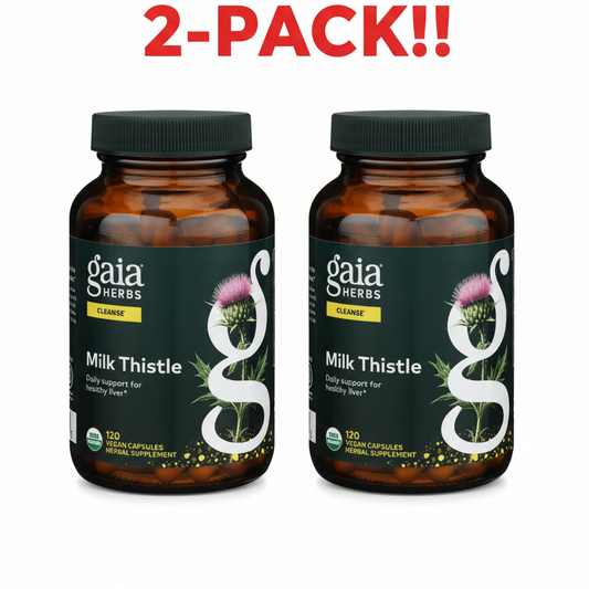 Two bottles of Gaia Herbs Milk Thistle Seed extract, 120 Liquid Phyto-Caps each, displayed as a 2-Pack Value Bundle (240 capsules total).