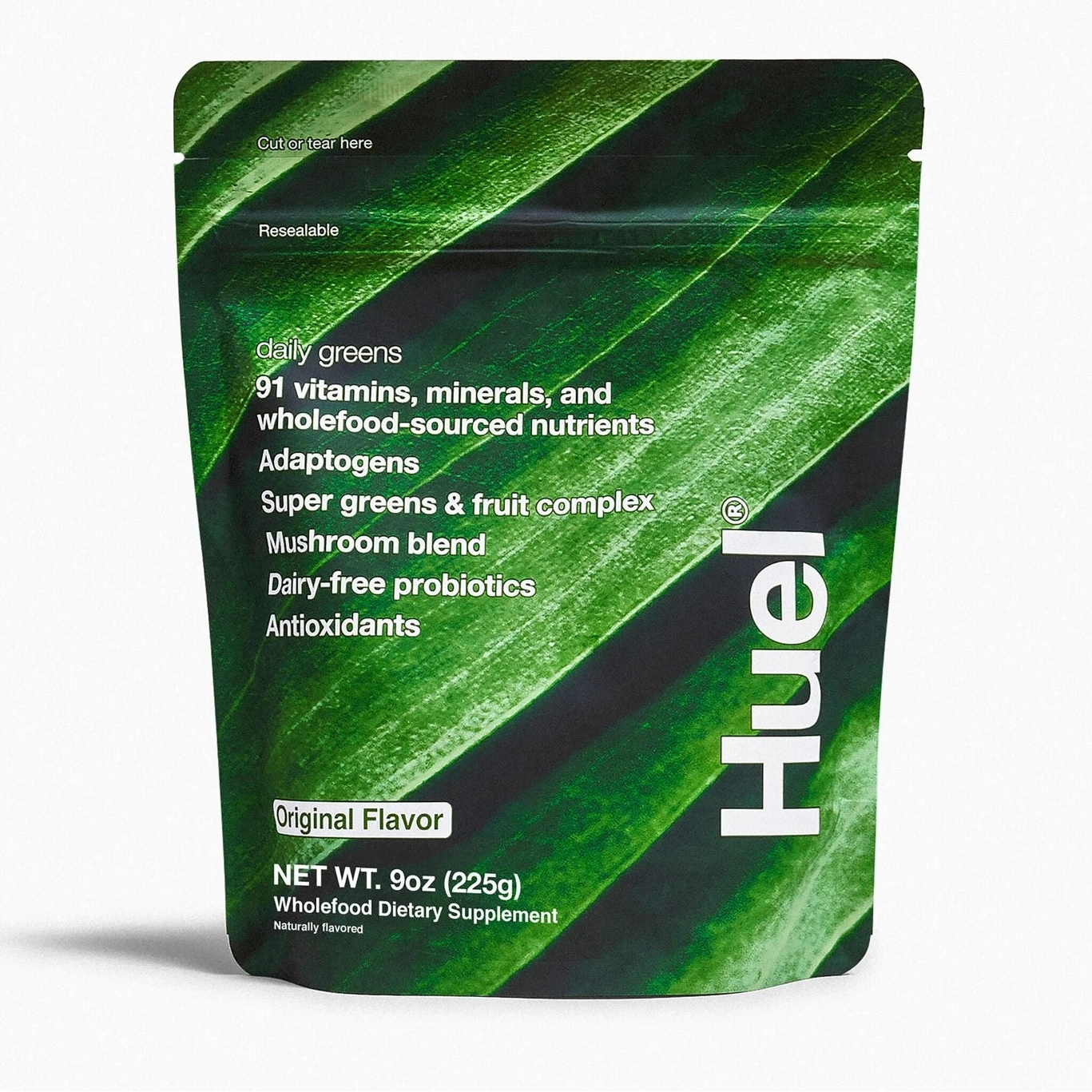 Green Huel package with leaf design on a white background