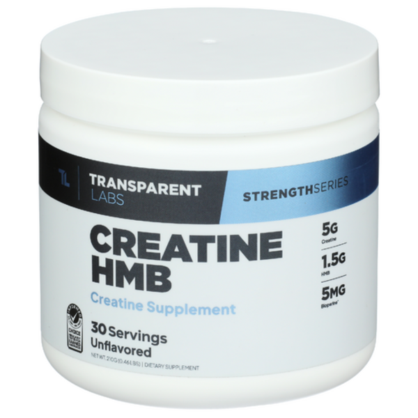 Supplement container labeled 'Creatine HMB' by Transparent Labs on a white background