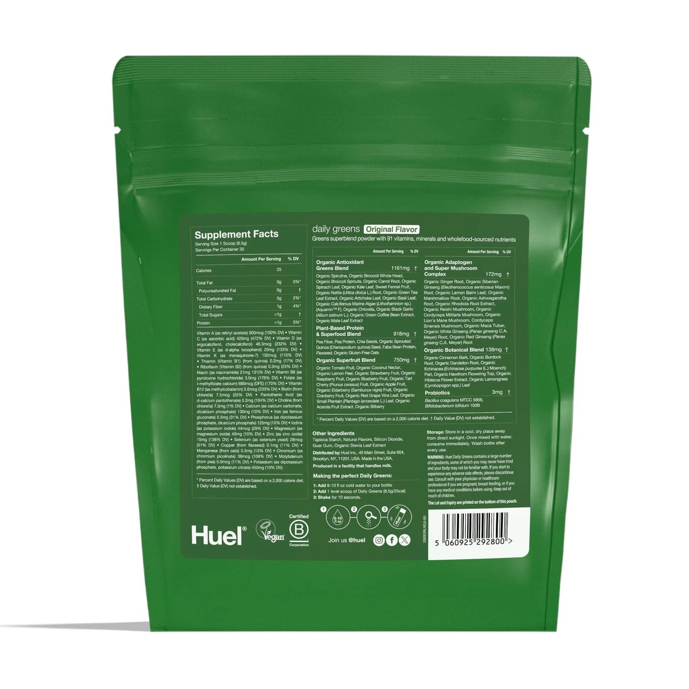Green supplement package with nutritional information on a white background