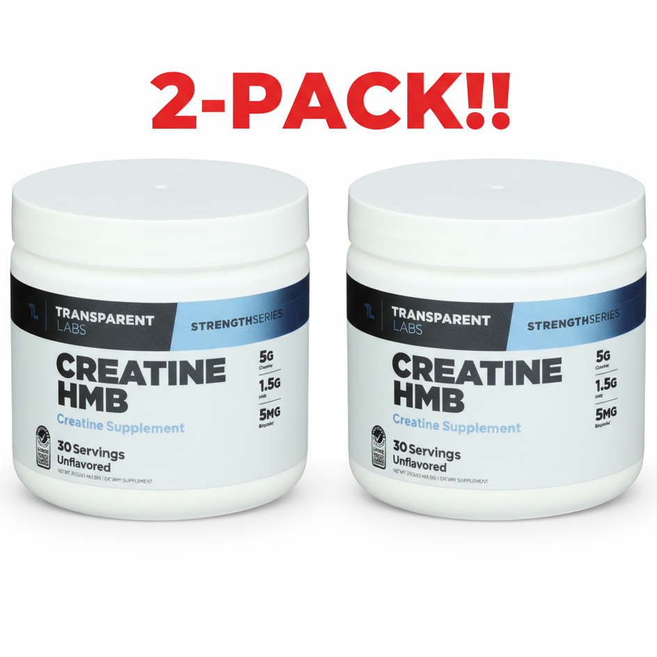 Two tubs of Transparent Labs Creatine HMB Powder (Unflavored), 30 servings each, displayed as a 2-Pack Value Bundle (60 total servings).