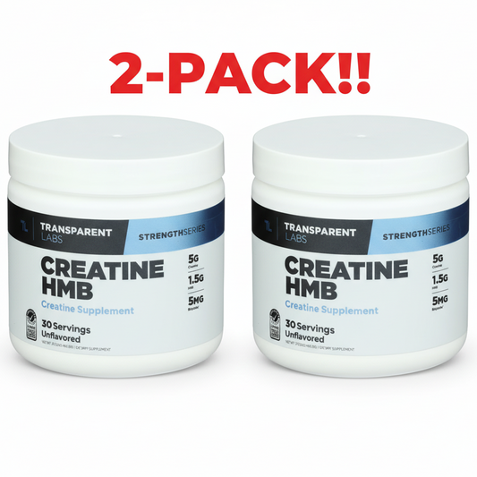 Two tubs of Transparent Labs Creatine HMB Powder (Unflavored), 30 servings each, displayed as a 2-Pack Value Bundle (60 total servings).
