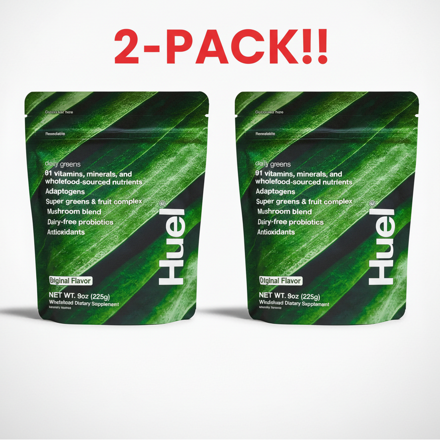 Two Huel Original Daily Greens 9 oz pouches displayed side-by-side, clearly indicating "Double Pack" or "2-Pack Bundle," emphasizing the "91 Nutrients" claim.