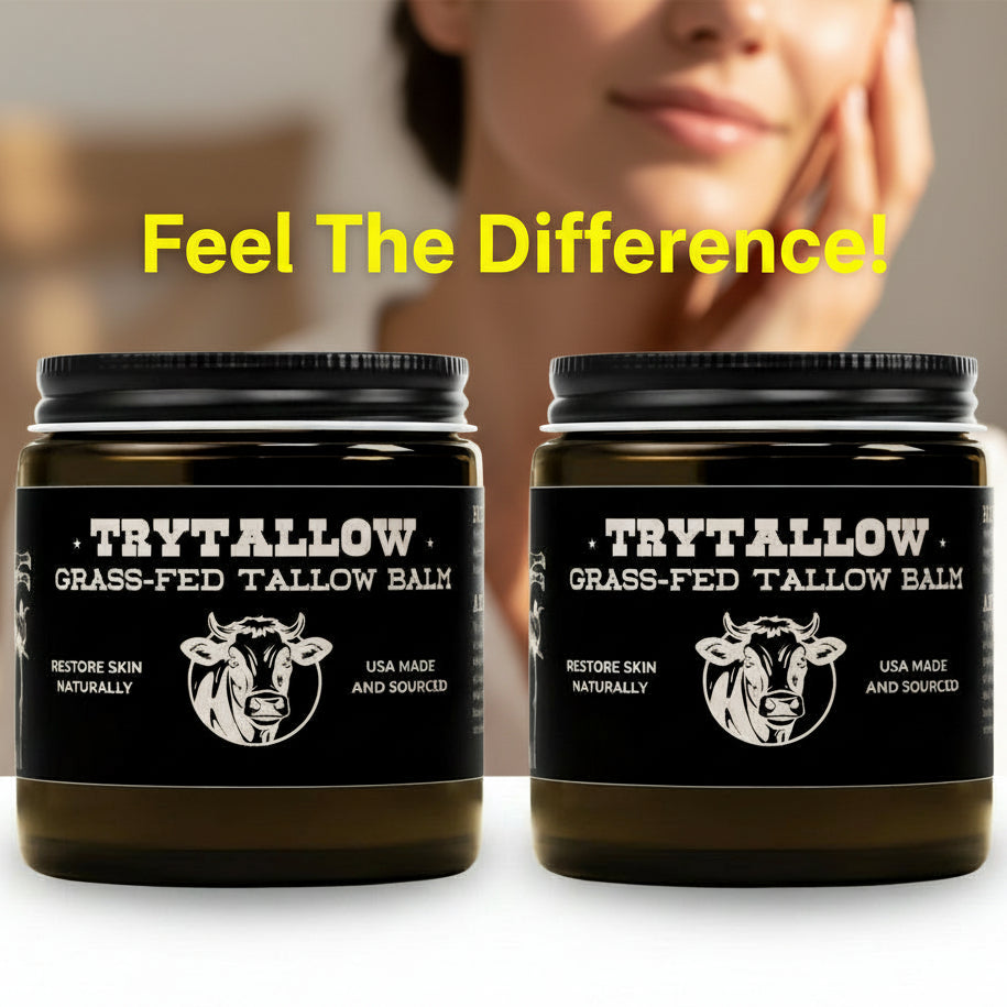 Two jars of Trytallow Grass-Fed Tallow Balm on a white background