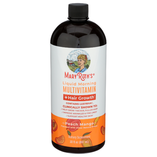 Mary ROTH's Liquid Morning Multivitamin bottle with peach mango flavor on a white background
