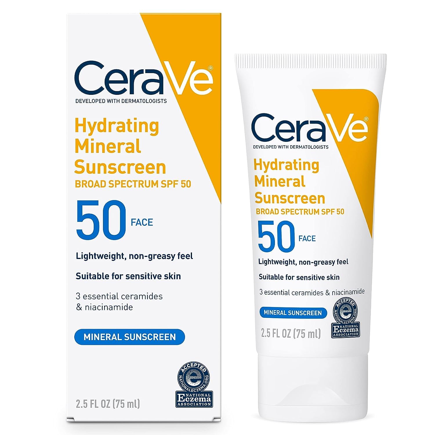 CeraVe hydrating mineral sunscreen packaging and tube on a white background