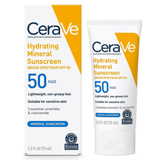 CeraVe hydrating mineral sunscreen packaging and tube on a white background