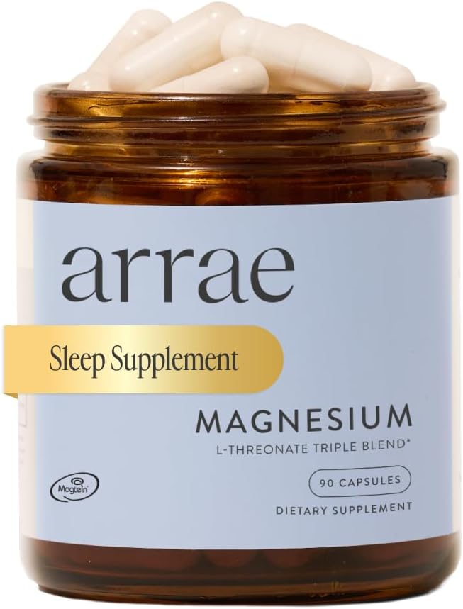 Jar of arrae magnesium sleep supplement capsules with a blue label.