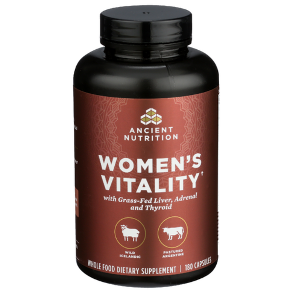 Supplement bottle labeled 'Women's Vitality' by Ancient Nutrition on a white background