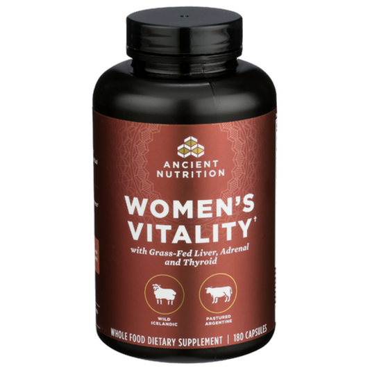 Supplement bottle labeled 'Women's Vitality' by Ancient Nutrition on a white background