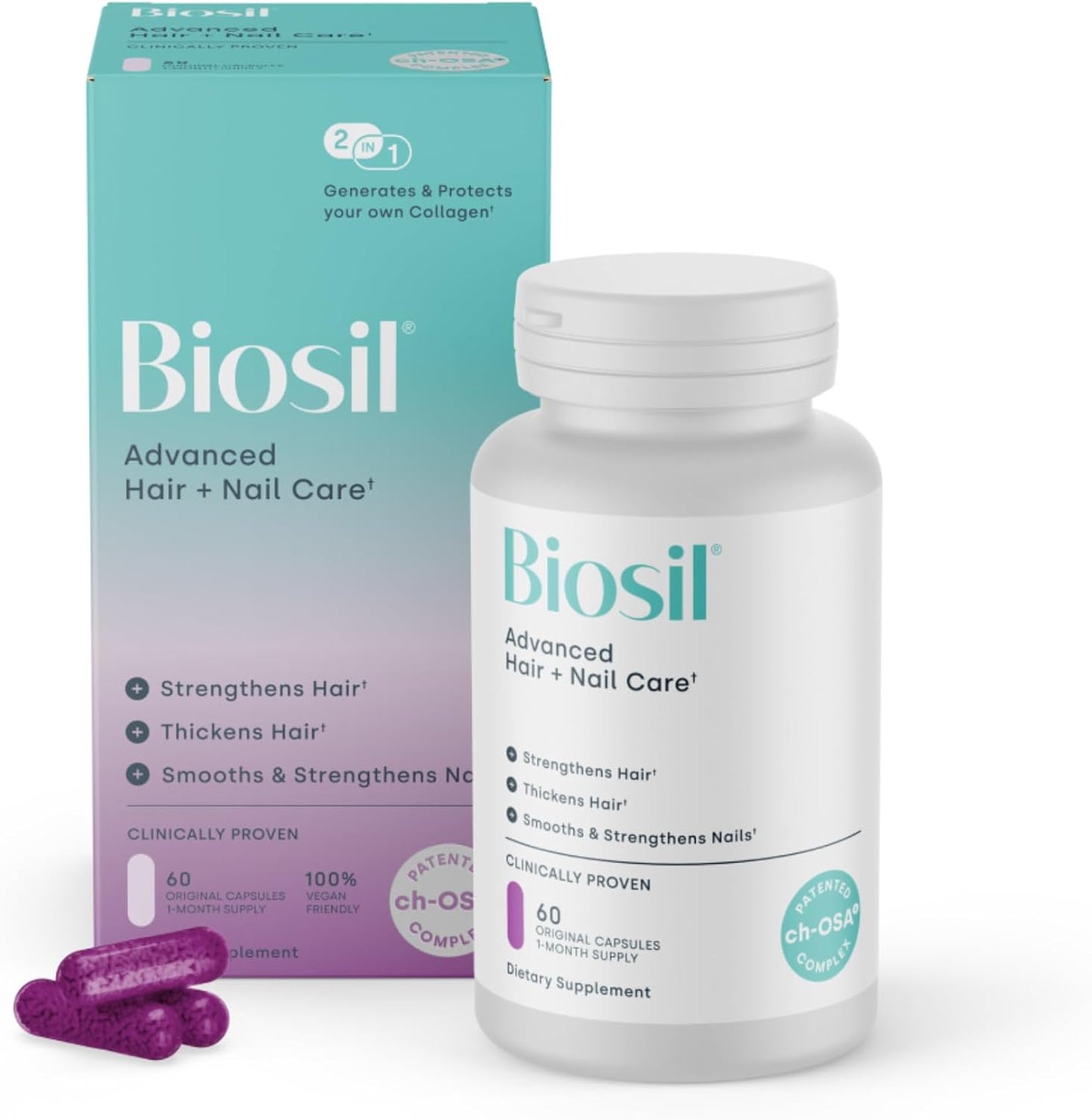 Biosil Advanced Hair + Nail Care supplement bottle and packaging on a white background