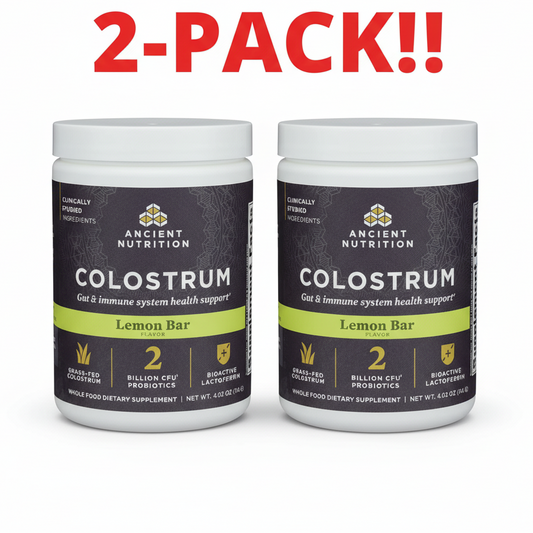 Two containers of Ancient Nutrition Colostrum Powder Lemon Bar flavor side-by-side, labeled as a 2-Pack or Value Bundle.