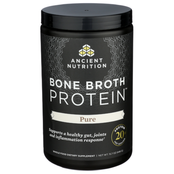 Black container of Ancient Nutrition Bone Broth Protein on a white background