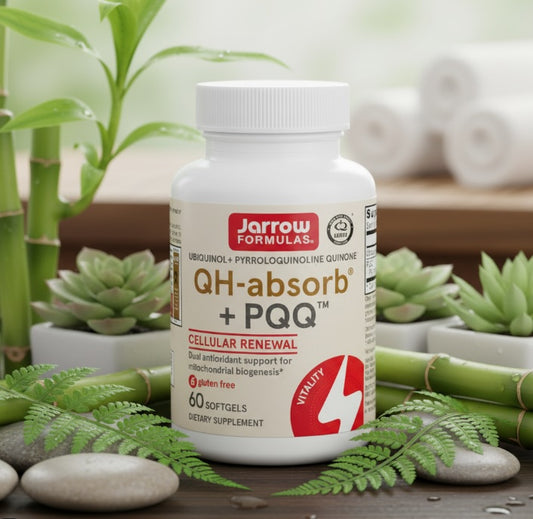 Jarrow Formulas QH-Absorb + PQQ supplement bottle. Dual antioxidant support with Ubiquinol and PQQ for heart and brain health.
