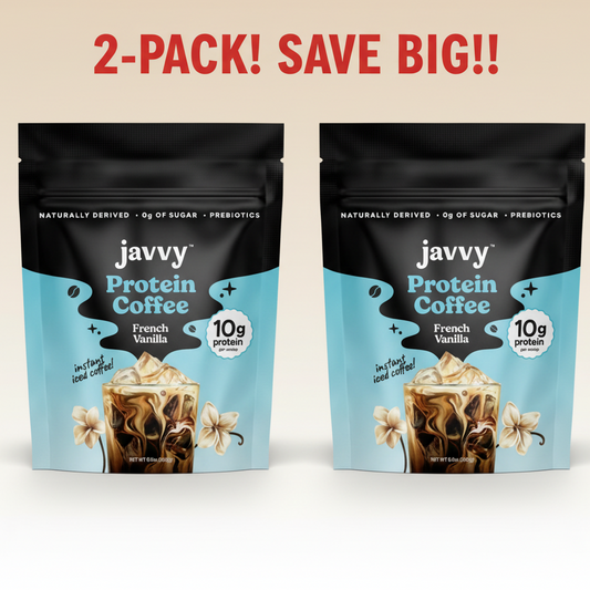Two bags of Javvy French Vanilla Instant Protein Coffee, clearly labeled as a 2-Pack bundle. Highlighting "High Protein" and "French Vanilla.