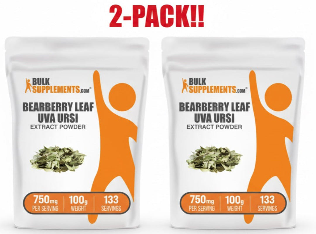 Two packages of Bulk Supplements Bearberry Leaf Uva Ursi extract powder with an orange silhouette on a white background.