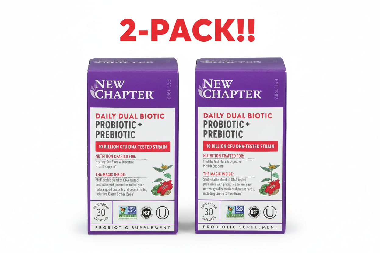 Two boxes of New Chapter Daily Dual Biotic Probiotic + Prebiotic on a white background with red text indicating '2-Pack'.