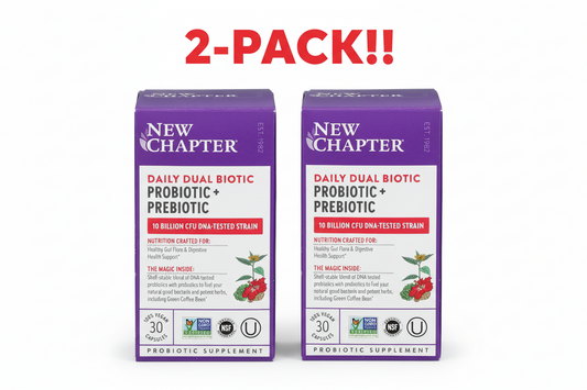 Two boxes of New Chapter Daily Dual Biotic Probiotic + Prebiotic on a white background with red text indicating '2-Pack'.