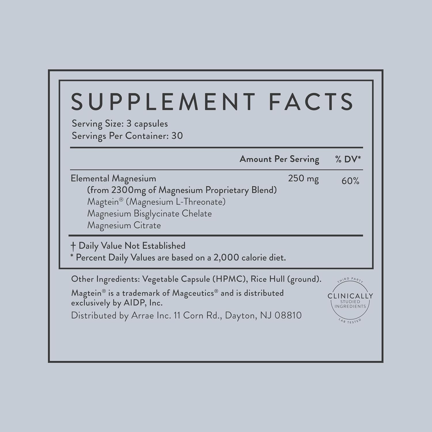 Supplement facts label on a light gray background