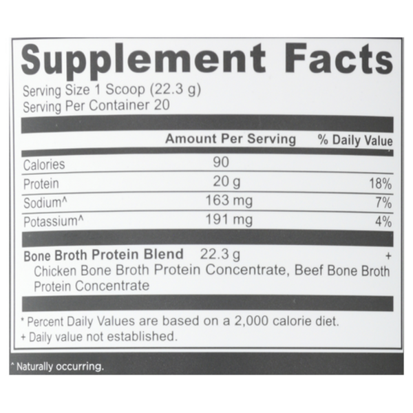 Supplement facts label for a protein product with serving size and nutritional information.