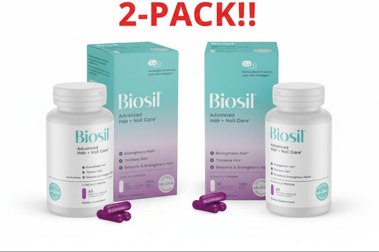 Two bottles and two boxes of Biosil supplement on a white background with '2-Pack!!' text.